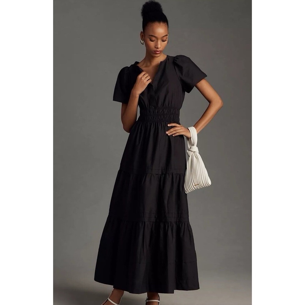 Anthropologie Womens XS The Somerset Maxi Dress Poplin Tiered Smocked Black